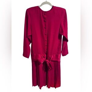 Vintage Ann Taylor Red Pleated Dress Size 4 – 1980s Button Back Satin Bow Waist